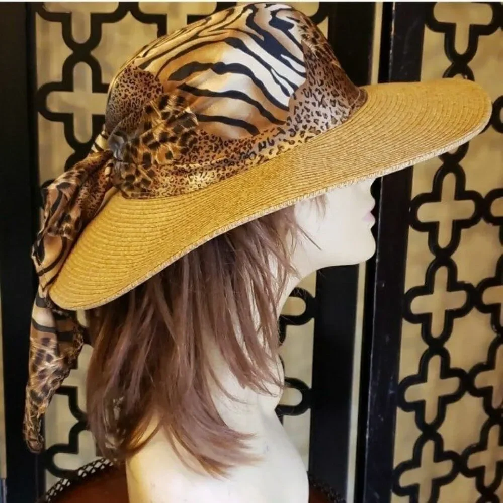 Cappelli Leopard Trim Straw Vacay‎ Beach Hat